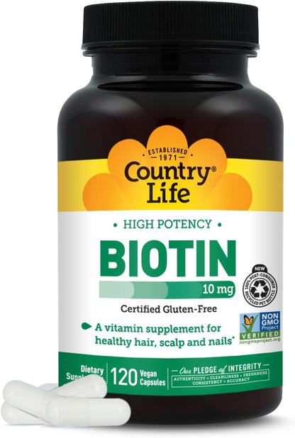 Country Life High-Potency Biotin 10 mg (10,000 mcg) - Vegan & Gluten-Free Biotin Supplement for Hair, Skin & Nails, Energy Metabolism