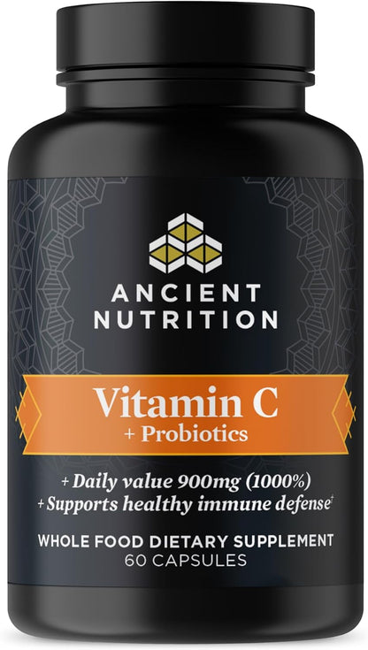 Ancient Nutrition Probiotics and Vitamin C Supplement – Whole Food Superfoods, Non-GMO, Paleo and Keto Friendly, 30 Servings