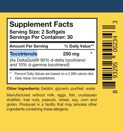 Researched Nutritionals TocoPure D&G - Vitamin E Tocotrienols - Annatto Tocotrienols Antioxidant Food Supplement with Delta + Gamma E for Cardiovascular Health, Lipid Metabolism & Cellular Support (60 Softgels)