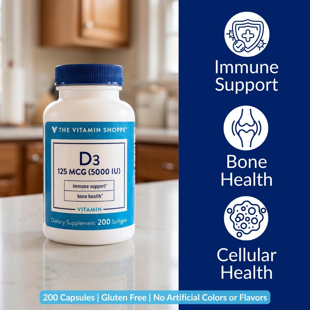 The Vitamin Shoppe Vitamin D3 5000 IU Supplement, Bone, Immune and Cellular Health Support for Men and Women, Gluten-free, Dairy-free, 200 Soft Capsules - görsel 2