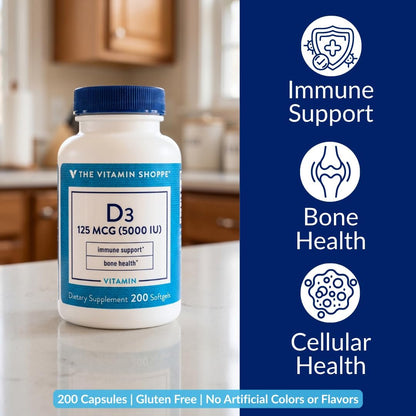 The Vitamin Shoppe Vitamin D3 5000 IU Supplement, Bone, Immune and Cellular Health Support for Men and Women, Gluten-free, Dairy-free, 200 Soft Capsules