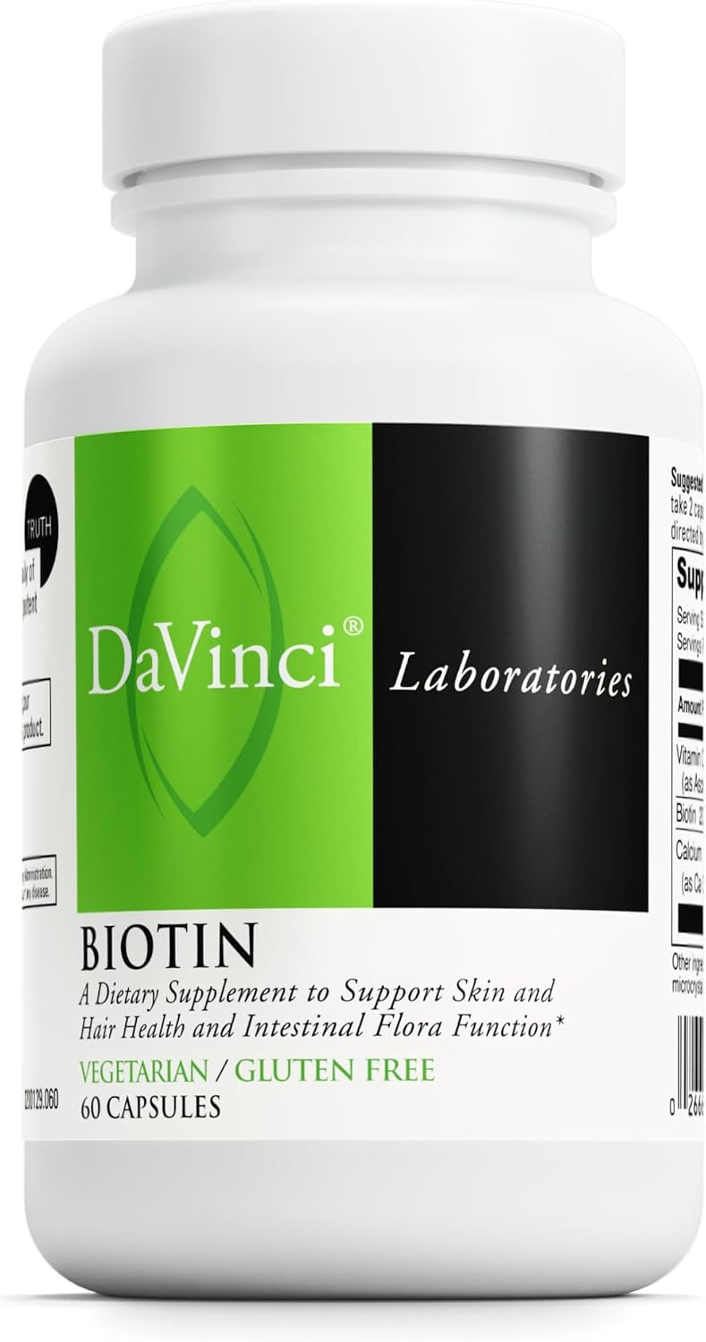 DAVINCI Labs Biotin - Supports Skin & Hair Health, Intestinal Flora Function* - Dietary Supplement with Vitamin C & Calcium as Ca Carbonate - Vegetarian - Gluten-Free - 60 Capsules - görsel 1