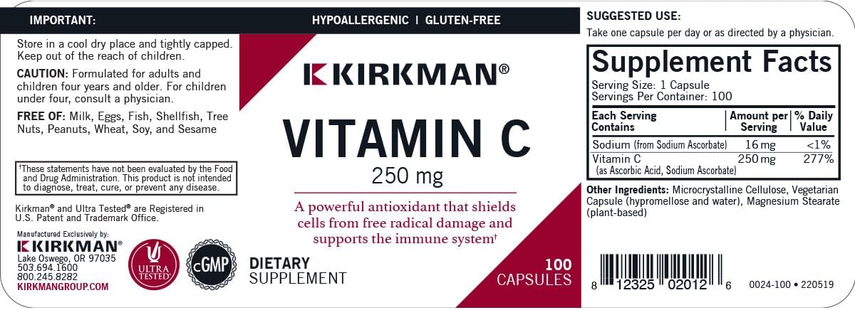 Kirkman Vitamin C 250 mg 100 Capsules - görsel 3
