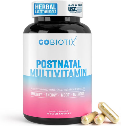 GOBIOTIX Postpartum Vitamins for Breastfeeding Mum - Postnatal Lactation Supplement with Organic Herbs, Minerals and Nutrients, Non GMO, Vegan, 60 Capsules