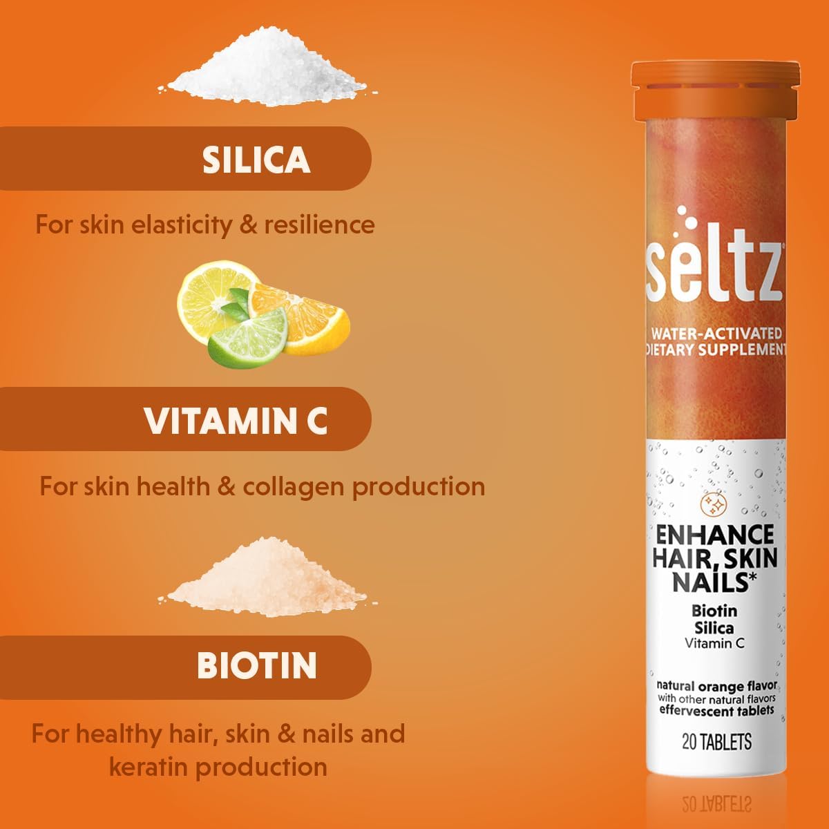 Seltz Hair, Skin and Nails Drink Tablets – Biotin Food Supplement with Vitamin C and Silica, Effervescent, No Added Sugar, Blood Orange Flavour, 6 Pack - görsel 3