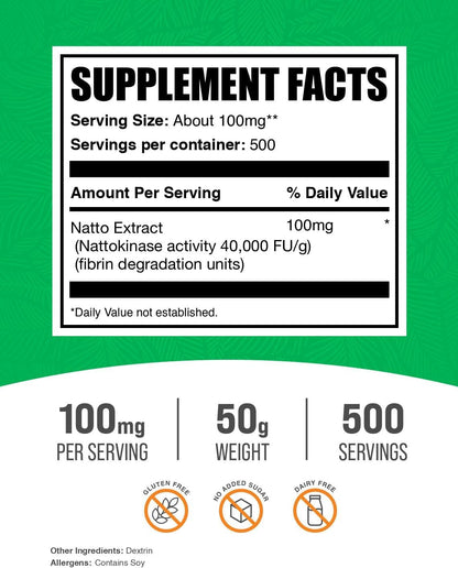 BulkSupplements Nattokinase Powder 4000 FU (50g) - Enzyme Supplement
