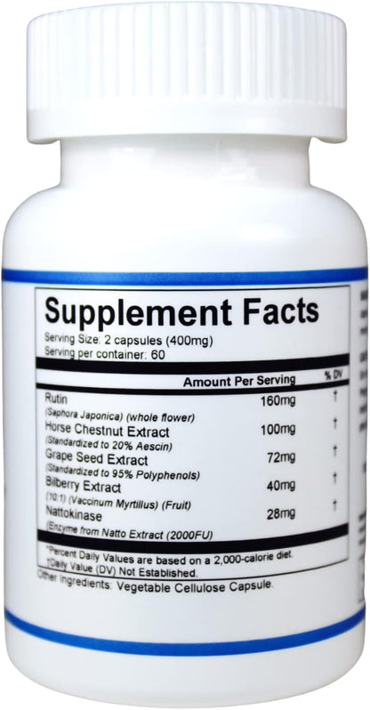 Natural Support for Healthy Veins - Rutin, Horse Chestnut, Grape Seed, Bilberry, Nattokinase - Promotes Optimal Vein Function - Circulation Support