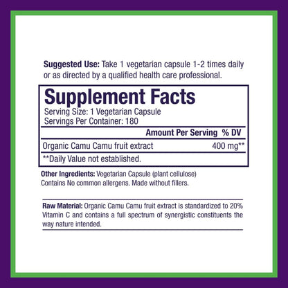 Paradise Herbs, Organic Camu Camu Extract, 400 mg, Rich in Vitamin C, Pure & Potent, Gluten-free, Non-GMO, Vegan, 180 Vegetarian Capsules