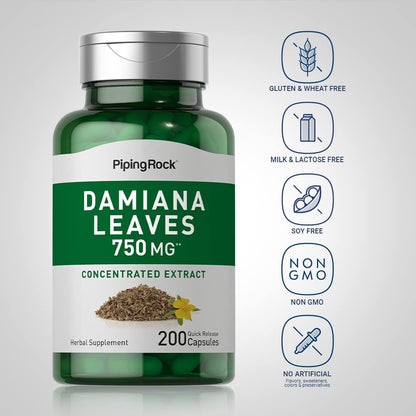 Piping Rock Damiana Leaf Capsules | 200 Capsules | Traditional Herbal Supplement | Non-GMO, Gluten-free