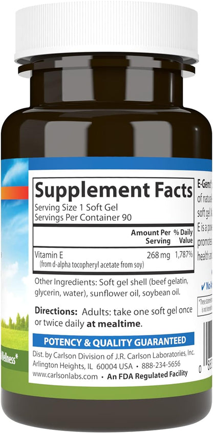 Carlson E-Gems – 400 IU (268 mg) Vitamin E Softgels – Cell Protection & Antioxidant Support