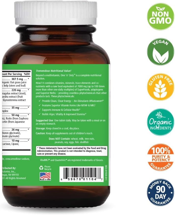 One n Only Whole Food Multivitamin by Pure Essence - Super Energising Once Daily with Superfoods, Minerals, Enzymes, Vitamin D3, B12, Biotin - 90 Tablets - görsel 2
