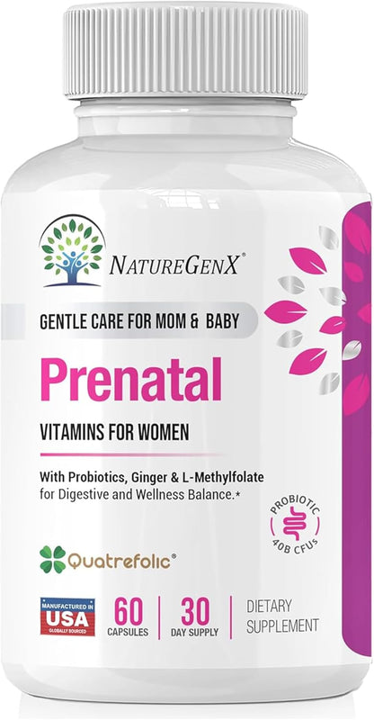 NatureGenX Methyl Prenatal with Probiotics – Prenatal Vitamins for Women with Iron, Methyl Folate, Ginger, Active B12 & 28 Nutrients – Vegan, Non-GMO, Gluten-free – 60 Capsules (1-Month Supply)