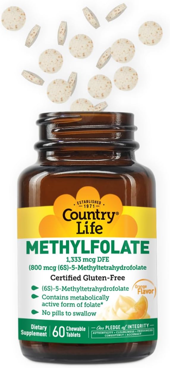 Country Life Methylfolate Chewable Tablets with Methylcobalamin B12 - Metabolically Active Folate - Great-Tasting Orange Flavour - Gluten-Free - Vegan - 60 Tablets - görsel 3