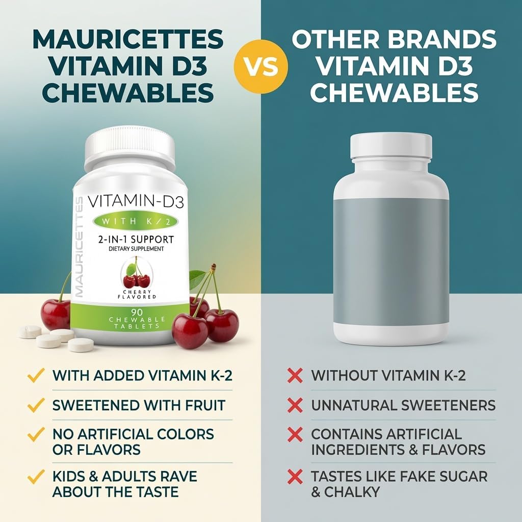 Mauricettes Chewable Vitamin D3 + K2 (MK-7) - Cherry Flavour - 2,000 IU, 90 Tablets - görsel 4