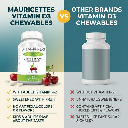Mauricettes Chewable Vitamin D3 + K2 (MK-7) - Cherry Flavour - 2,000 IU, 90 Tablets