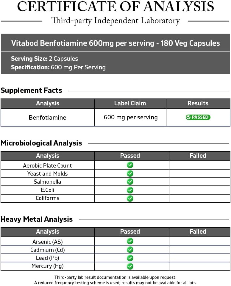 Vitabod Benfotiamine 600mg – Fat-Soluble Vitamin B1 Supplement (180 Vegetarian Capsules) - görsel 3
