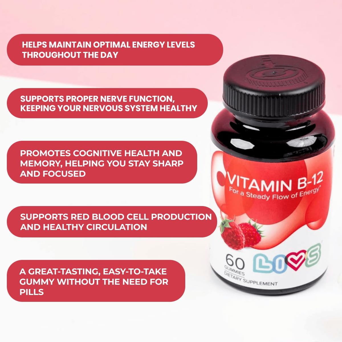 LIVS Vitamin B12 Gummies - Vegan Methylcobalamin 1500mcg - Energy, Metabolism & Nerve Support - Raspberry Flavour - 60 Count - görsel 4