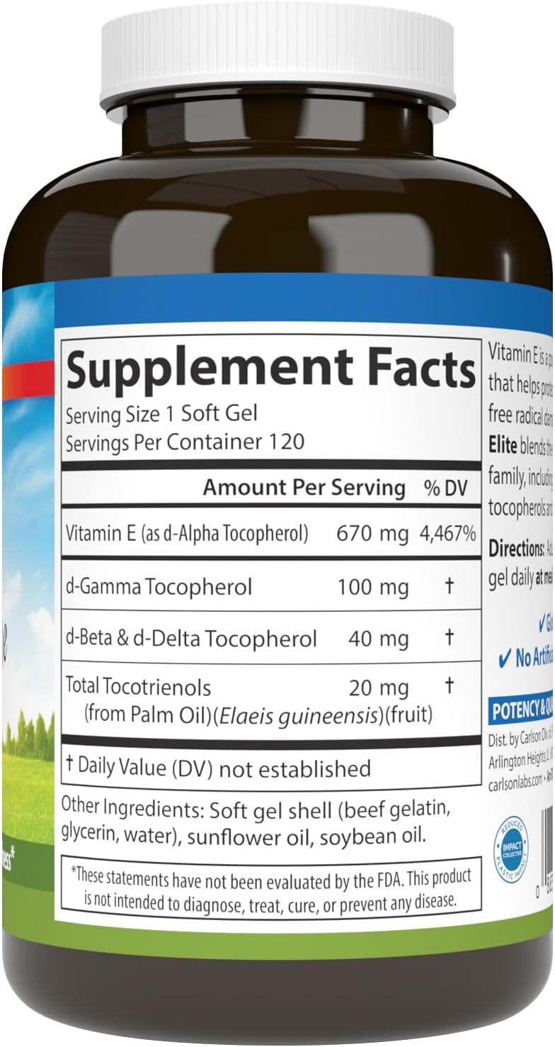 Carlson E-Gems Elite - 1000 IU Vitamin E with Mixed Tocopherols & Tocotrienols - Heart Health Support - 120 Soft Gels - görsel 2