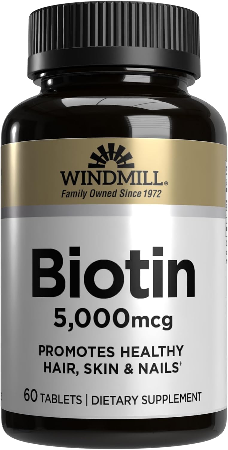 Windmill Natural Vitamins Biotin 5000 mcg, Supports Healthy Hair, Skin and Nails, 60 Tablets - görsel 1