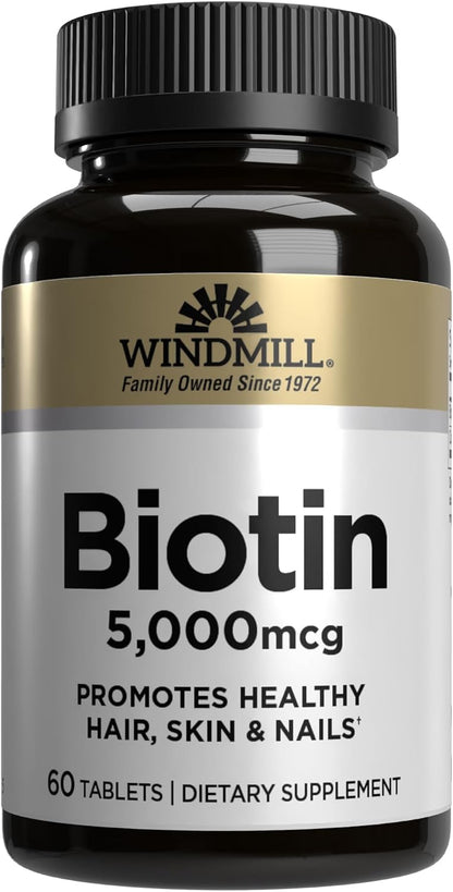 Windmill Natural Vitamins Biotin 5000 mcg, Supports Healthy Hair, Skin and Nails, 60 Tablets