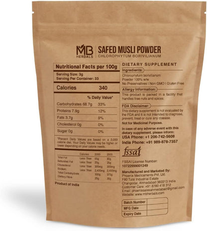 MB Herbals Pure Safed Musli Powder 100g - Chlorophytum borivilianum, White Musli