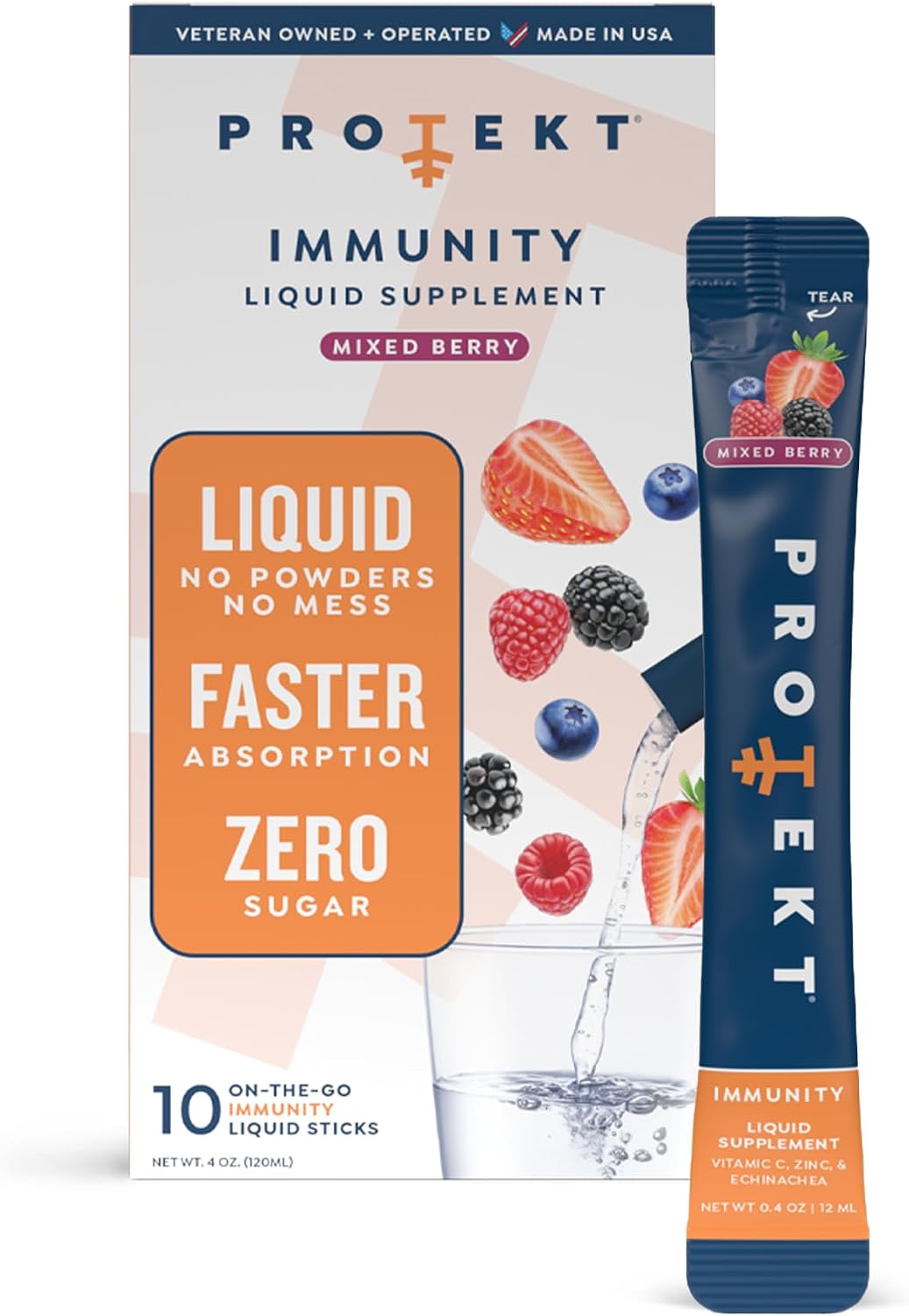 PROTEKT Liquid Immune Support Supplement - Sugar-Free Vitamin C & Zinc Drink Mix, Mixed Berry, 10 Sachets - görsel 1