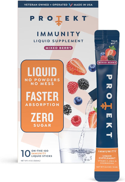 PROTEKT Liquid Immune Support Supplement - Sugar-Free Vitamin C & Zinc Drink Mix, Mixed Berry, 10 Sachets