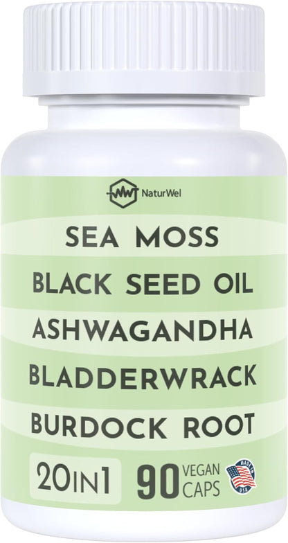 Black Seed Oil 3000mg Sea Moss 3000mg Ashwagandha 1000mg Turmeric 1000mg Burdock 1000mg Bladderwrack 1000mg with Elderberry, Manuka, Chlorophyll, Dandelion & Yellow Dock - 90 Vegan Capsules