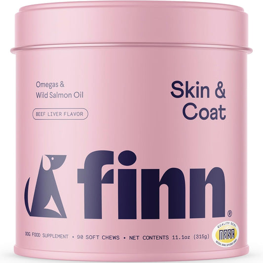 Finn Skin & Coat Salmon Oil Chews for Dogs - Wild Alaskan Salmon Omega-3 with Biotin & Zinc, 90 Soft Chews
