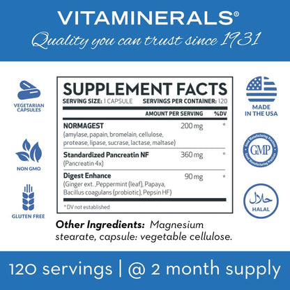 Vitaminerals 61 Normagest | Digestion Support Formula for Protein, Fats & Carbs | Vegetable Capsules (120 Capsules)