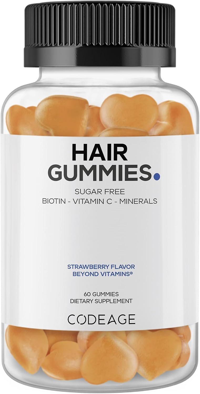 Codeage Hair Gummies, Biotin 5000 mcg, Sugar Free Gummy Vitamins for Hair, Skin and Nails, Strawberry Coconut, 60 count - görsel 1