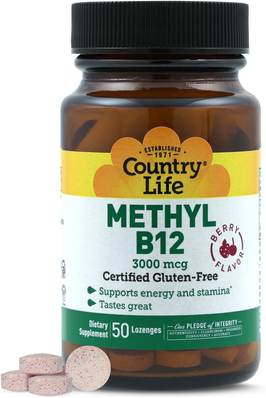 Country Life Methyl B-12 3000 mcg Lozenges - Vegan Methylcobalamin to Support Normal Energy Metabolism, 50 Lozenges - görsel 1