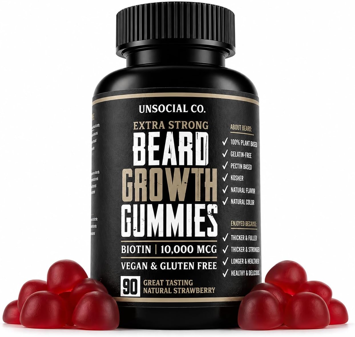 Unsocial Club Beard Growth Gummies 90 ct | 10,000mcg Biotin | Vitamin B7 | Vegan, Kosher & Gluten-free | Natural Strawberry Flavour - görsel 1