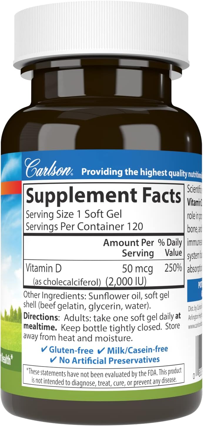 Carlson Vitamin D3 2000 IU (50 mcg) Soft Gels – Immune & Bone Support, 120 Soft Gels - görsel 2