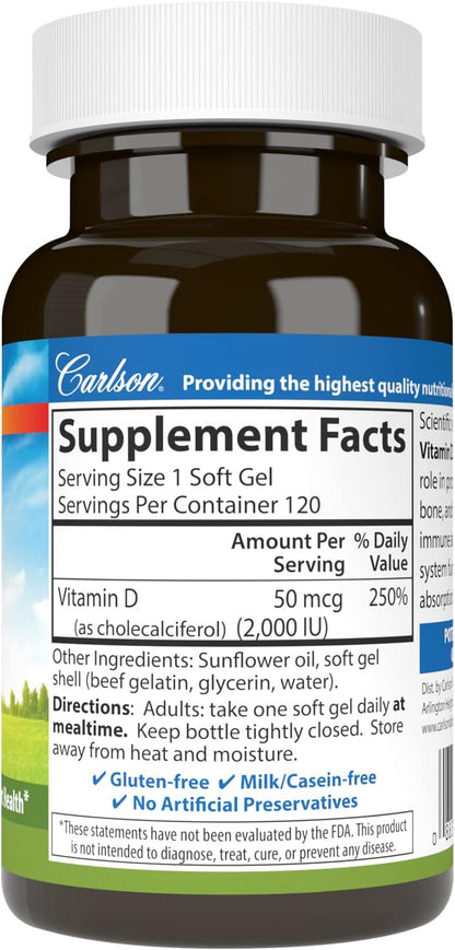 Carlson Vitamin D3 2000 IU (50 mcg) Soft Gels – Immune & Bone Support, 120 Soft Gels