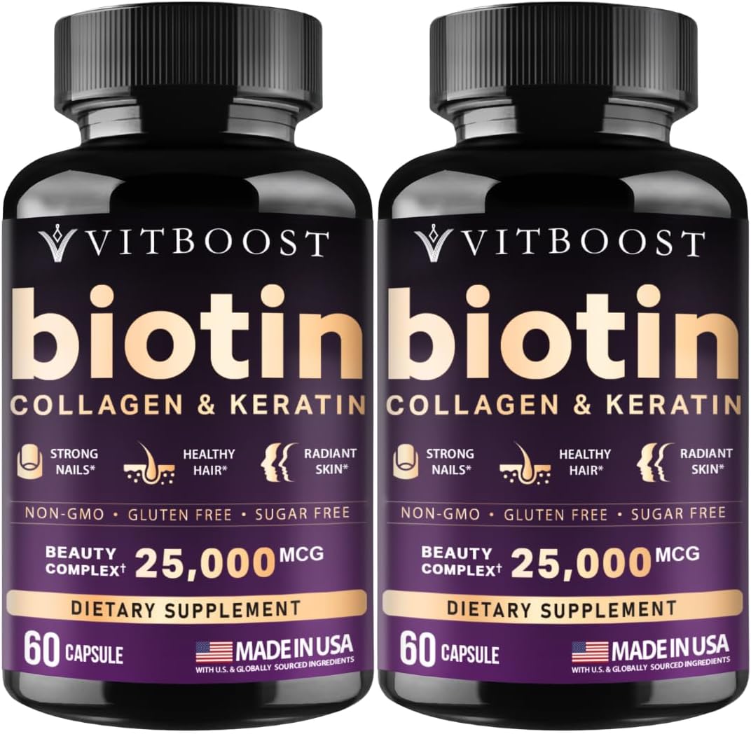 Vitboost Biotin with Hyaluronic Acid, Collagen and Keratin – 25000 mcg – Hair, Skin and Nails Supplement – 120 Capsules - görsel 1