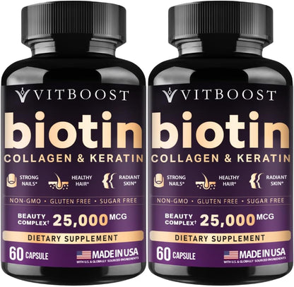 Vitboost Biotin with Hyaluronic Acid, Collagen and Keratin – 25000 mcg – Hair, Skin and Nails Supplement – 120 Capsules