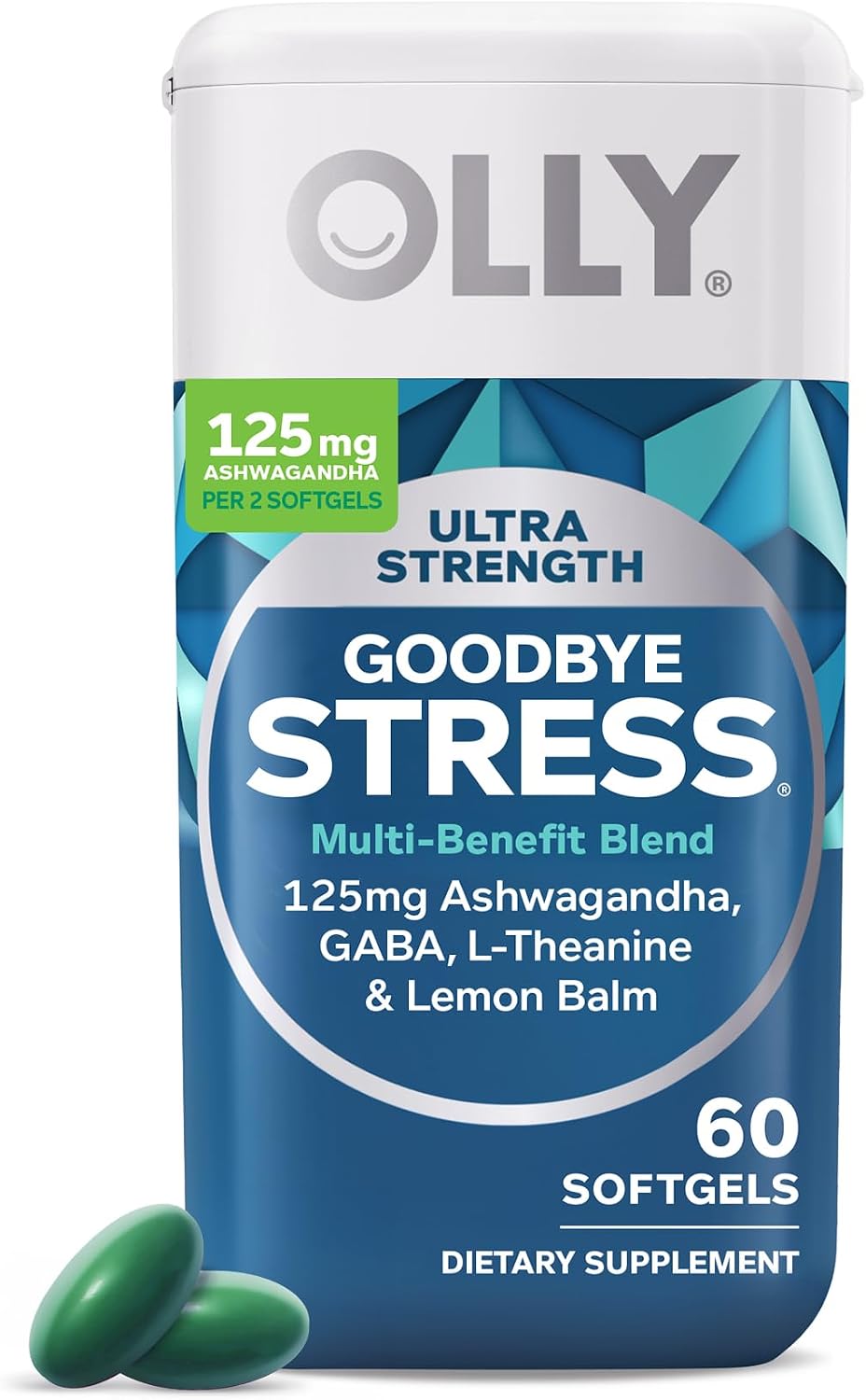 OLLY Ultra Strength Goodbye Stress Soft Capsules – Stress Relief Food Supplement with GABA, Ashwagandha, L-Theanine & Lemon Balm, 60 Count - görsel 1