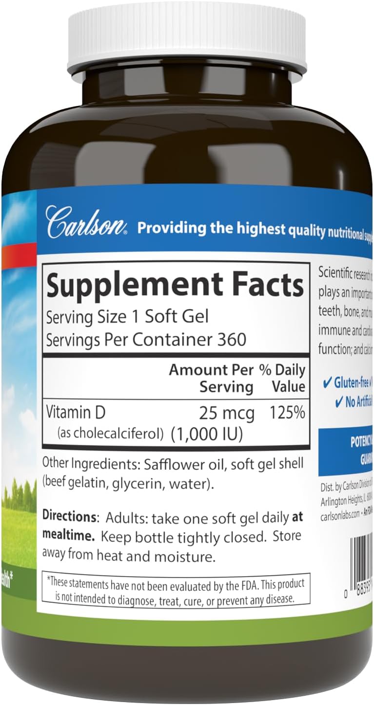 Carlson Vitamin D3 1000 IU (25 mcg) – 360 Softgels for Bone and Muscle Health - görsel 2