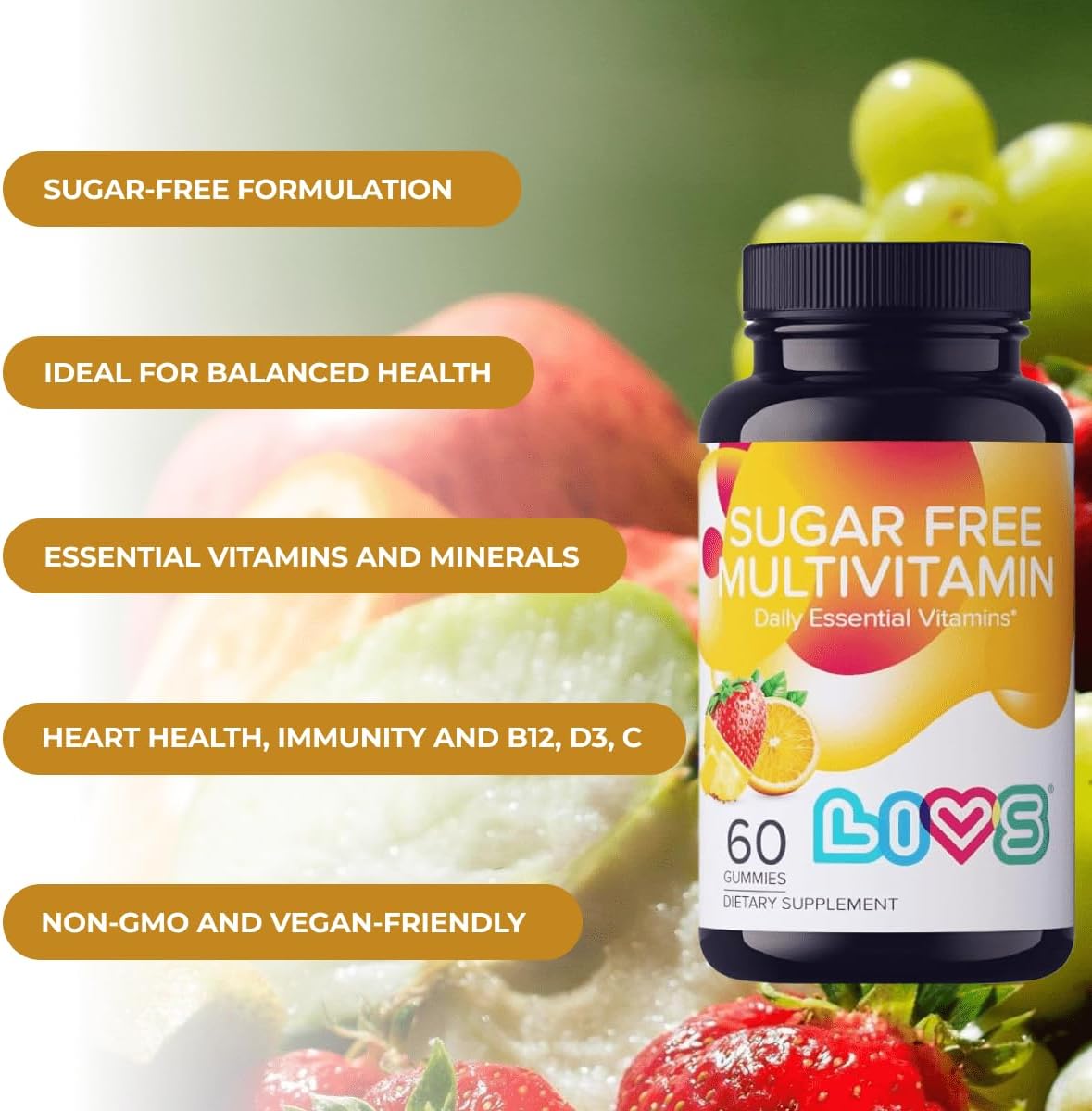 LIVS Sugar-Free Multivitamin Gummies for Adults and Children – Vegan Gummy Vitamin with A, C, D, B-Complex, Biotin & Zinc | Multivitamin Supplements for Overall Wellness and Support - 60 Count - görsel 4