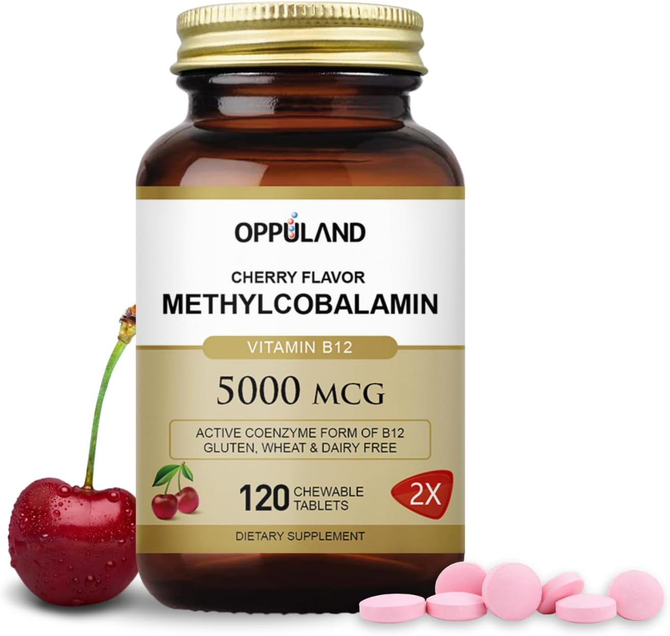 oppuland Methyl B-12 5000mcg Chewable with Folate - Vitamin B12 Methylcobalamin Sublingual Tablets - Supports Energy & Brain Function - Vegan Supplement - Cherry Flavour - 120 Count - görsel 1