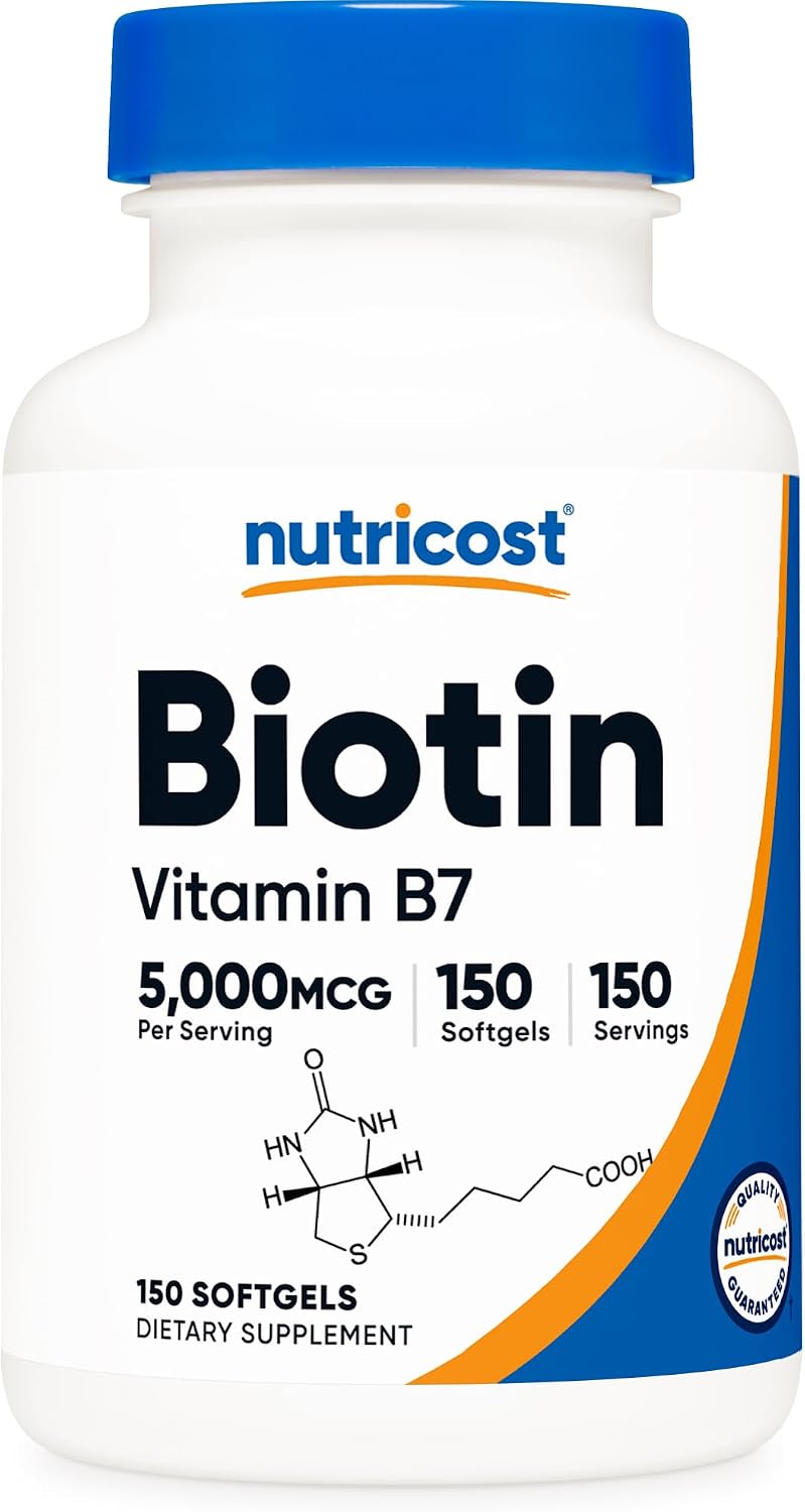 Nutricost Biotin (5,000mcg) 150 Softgels – Vitamin B7 – Gluten-free, Non-GMO - görsel 1
