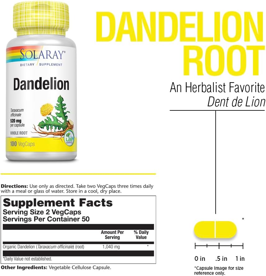 Solaray Dandelion Root Capsules - Non-GMO, Vegan, 100 Veg Capsules (50 Servings) - görsel 3