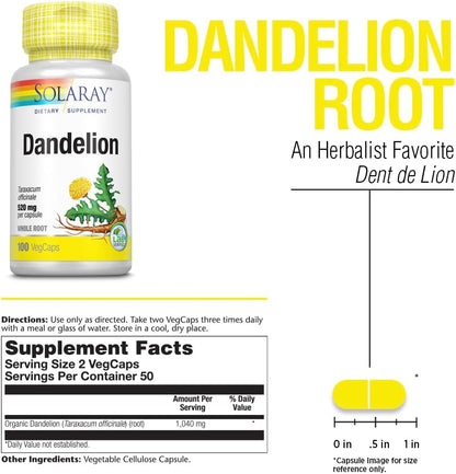 Solaray Dandelion Root Capsules - Non-GMO, Vegan, 100 Veg Capsules (50 Servings)