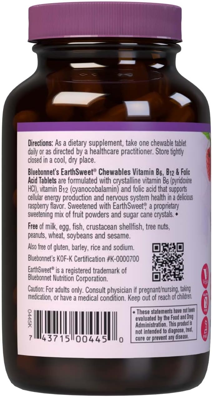 Bluebonnet Nutrition Earth Sweet Vitamin B6, B12 & Folic Acid Chewable Tablets, Raspberry Flavour - görsel 8