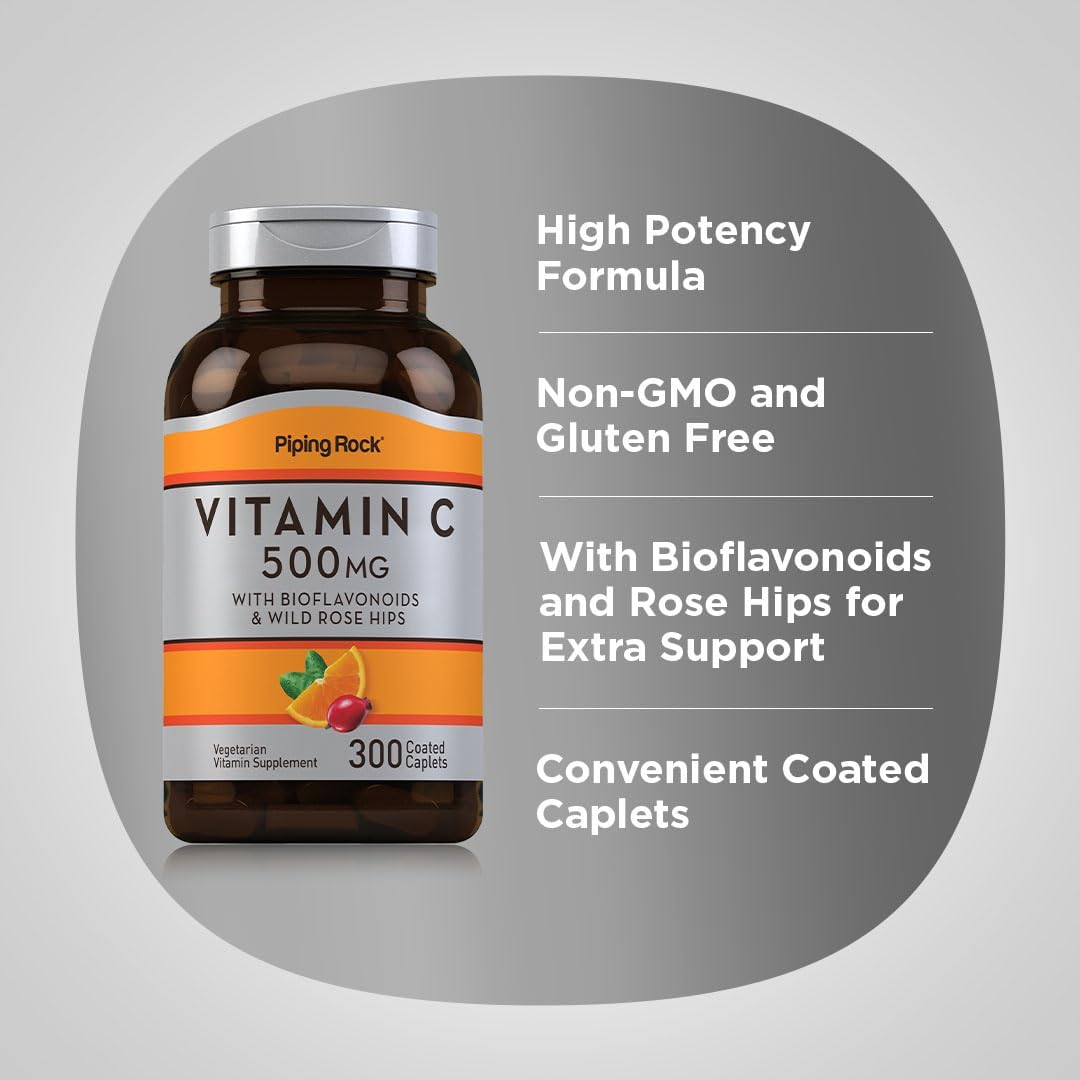 Piping Rock Vitamin C 500 mg with Rose Hips and Bioflavonoids, 300 Coated Caplets - görsel 4