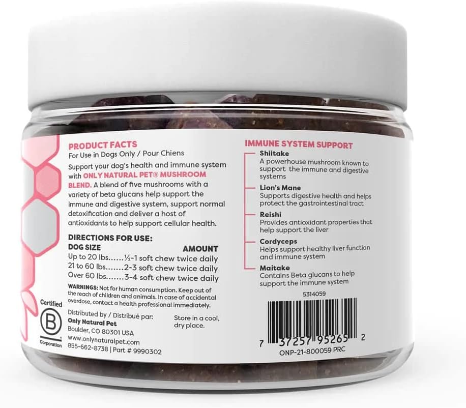 Only Natural Pet Mushroom Blend Immune Support Supplement for Dogs, Bacon Flavour, 60 Soft Chews - görsel 2