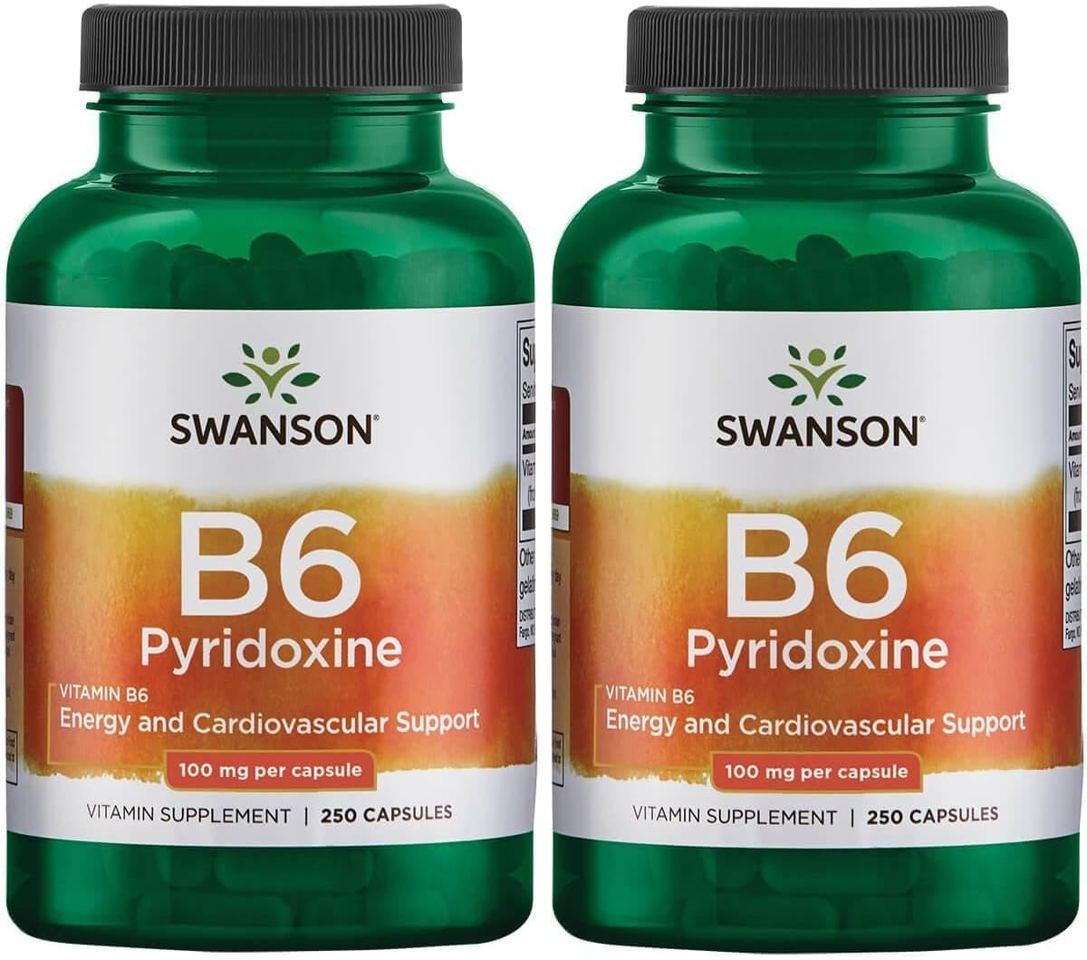 Swanson B6 Pyridoxine - Vitamin B6 Supplement for Cardiovascular Support & Energy Metabolism - 100mg, 250 Capsules (2-Pack) - görsel 1
