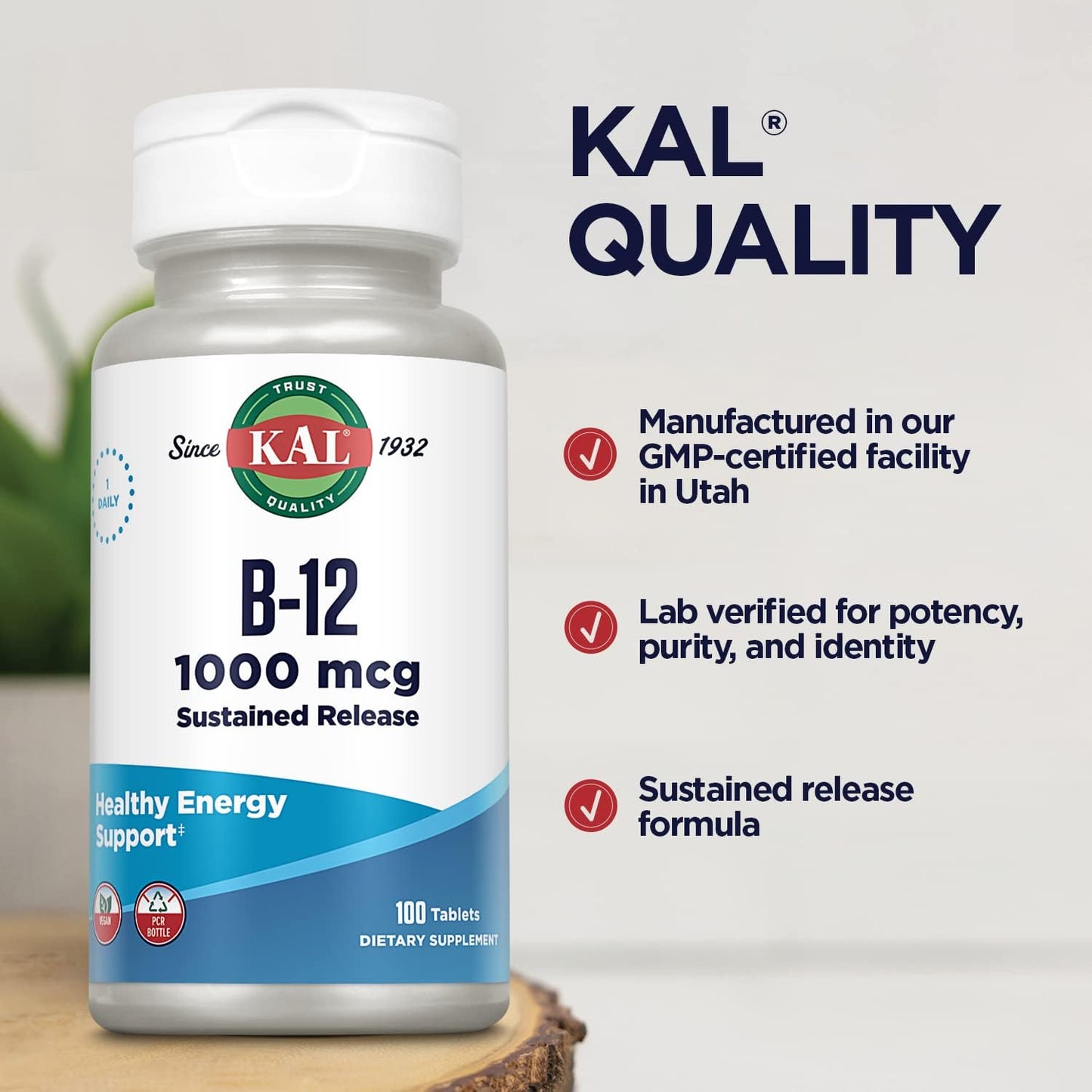 KAL Vitamin B12 1000mcg Sustained Release Tablets - Vegan, Energy Support, 100 Count - görsel 4