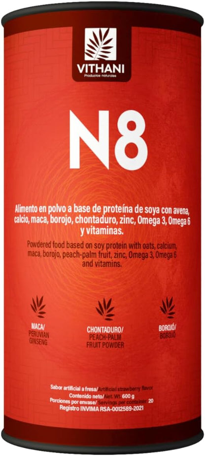Vithani N8 - Multivitamin Powder with Maca, Borojo, Peach-Palm Fruit, Zinc, Calcium, Omega-3, Omega-6 & Vitamins, Strawberry Flavour, 20 Servings